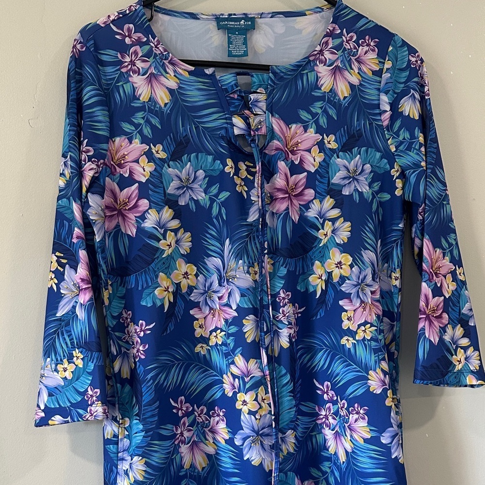 Caribbean Joe Blue Floral Dress size S mini resort vacation beachfront